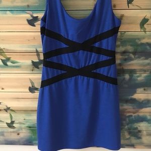 Royal Blue Tank Style Dress with Black Criss Cross Banding Detail Back Zipper